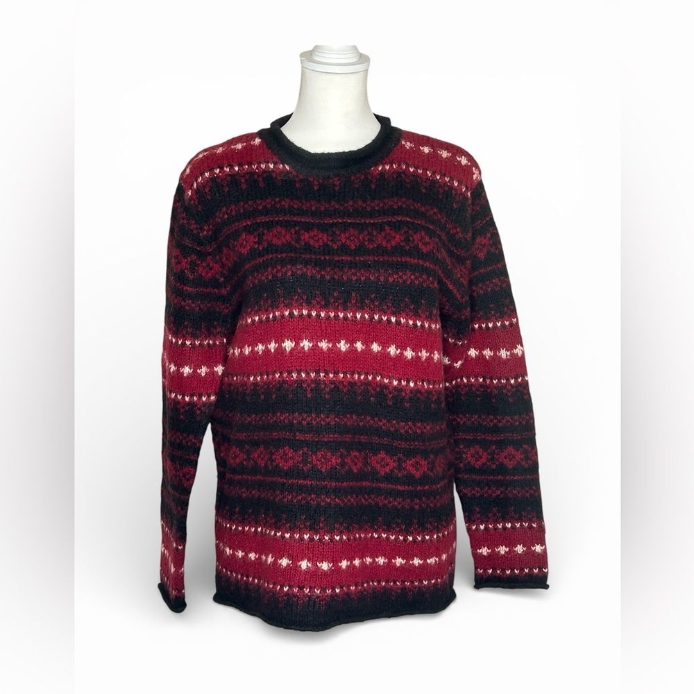 Vintage Q & A red black Nordic Fair Isle pullover sweater wool blend size M EUC